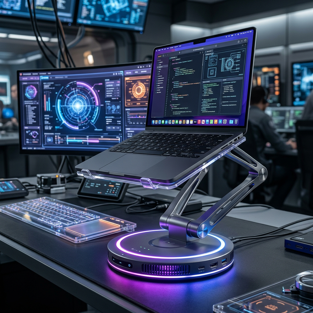 Solnaque™ LuminaDock Pro: Multi-Axis RGB Laptop Stand & Command Center