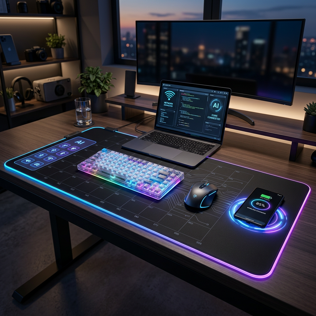 olnaque™ OmniControl CyberPad: Smart RGB Desk Mat with Integrated Qi-Charging & Touch Command