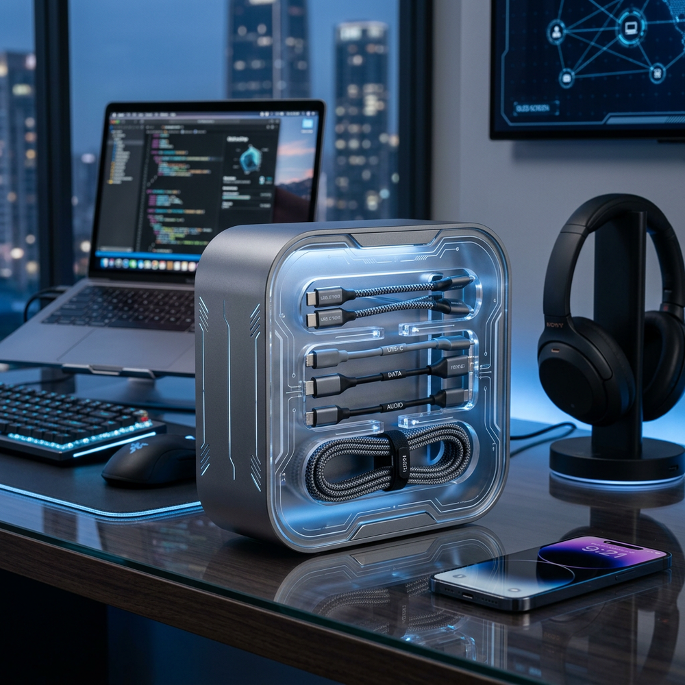 Solnaque™ CoreGrid Pro: 240W 6-Port GaN Smart Desktop Charging Station  The Ultimate Cyberpunk Power Hub for Creators, Gamers, and Professionals.